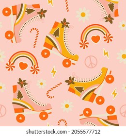 Christmas seamless pattern with cute retro roller skates. Vintage texture for wrapping paper. Cartoon 70s-80s comic style background for girls.