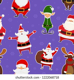 Christmas seamless pattern with cute santa claus character, christmas elf and deer. Vector illustration.