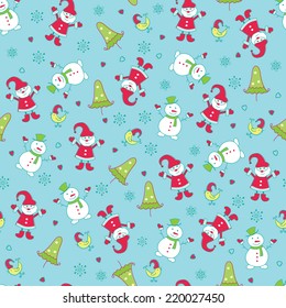 Christmas seamless pattern with cute Santa, Snowman and Christmas Tree