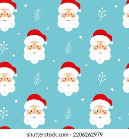 Christmas seamless pattern with cute Santa Claus head and winter leaves on blue background. Christmas kids vector illustration. Holiday wallpaper. 