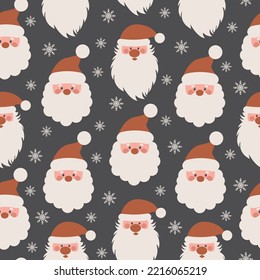 Christmas seamless pattern with cute Santa Claus on a dark background. Happy New Year pattern with Santa. Vector design template.