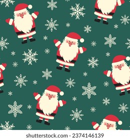 Christmas seamless pattern with cute Santa Claus and snowflakes on a green background. Vector design template. Happy New Year pattern. Season greeting.