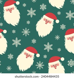 Christmas seamless pattern with cute Santa Claus and snowflakes on a green background. Vector design template. Season greeting. Happy New Year pattern.