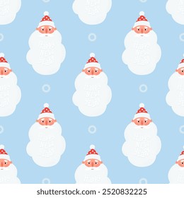 Christmas Seamless pattern. Cute Santa Claus with big beard and lettering Happy New Year congratulation on blue background. Vector illustration