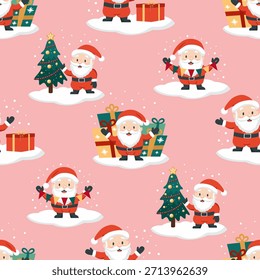 Navidades sin patrón. Lindo Santa con árbol de Navidad, regalos y decoraciones. Fondo rosa Vector para embalaje, papel de embalaje, textil.