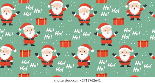 Navidades sin patrón. Lindo Santa con regalos e inscripción - Ho Ho Ho. Fondo de Vector para embalaje, papel de embalaje, textil.