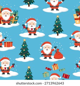 Navidades sin patrón. Lindo Santa con árbol de Navidad, regalos y decoraciones. Fondo de Vector para embalaje, papel de embalaje, textil.
