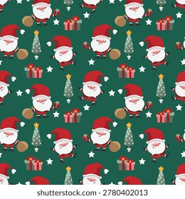 Christmas seamless pattern with cute Santa Claus, gift boxes, and stars on green. Festive Santa Claus with sack and Christmas trees repeat pattern on dark green.

A cheerful Christmas seamless repeat pattern featuring a happy Santa Claus carrying a gift sack and presents, accompanied by minimalist Christmas trees and twinkling stars. This charming holiday vector illustration on a deep forest green background is perfect for festive gift wrapping paper, seasonal textiles, children's fabrics, and winter holiday packaging design.