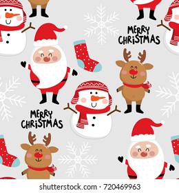 Christmas seamless pattern. Cute Santa Claus, deer, snowman and colourful socks vector. Holidays cartoon character background.