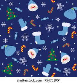 Christmas seamless pattern with cute Santa, mitten, candy, snowflakes, boot, bag, Christmas tree and confetti on a dark blue background