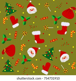 Christmas seamless pattern with cute Santa, mitten, candy, holly berry, boot, bag, Christmas tree and confetti on a gold background