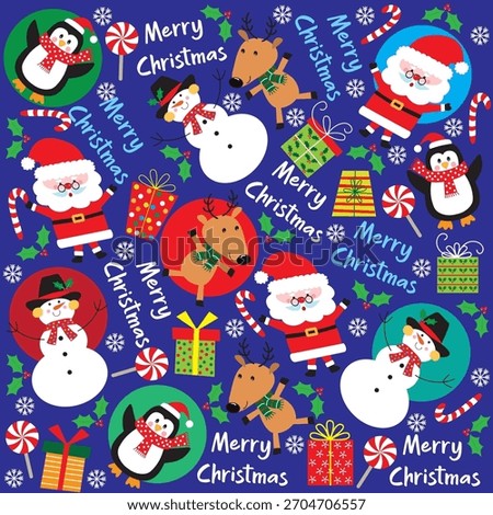 christmas seamless pattern with cute santa, snowman, reindeer, penguin 
