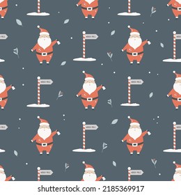 Christmas seamless pattern with cute Santas at North Pole. Holiday design for fabrics, gift boxes, wrapping paper.
