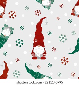 Christmas seamless pattern with cute scandinavian gnome and snowflakes. Can be used for fabric, wrapping paper, scrapbooking, textile, poster, banner and other christmas design. Flat style.