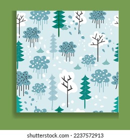 Christmas seamless pattern with cute simple hand-drawn illustrations in flat style on beige background.