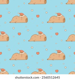 Christmas Seamless pattern. Cute sleeping Capybara Santa on blue background. New Year Funny cartoon kawaii character backdrop. Vector illustration. Kids holiday collection