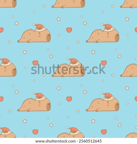 Christmas Seamless pattern. Cute sleeping Capybara Santa on blue background. New Year Funny cartoon kawaii character backdrop. Vector illustration. Kids holiday collection