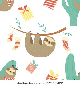 Christmas Seamless pattern with cute sloths, holiday socks and gifts
