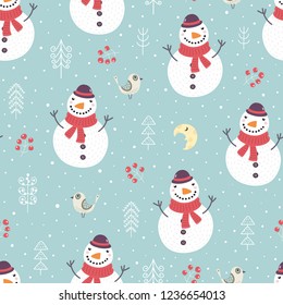 Christmas seamless pattern with cute snowman  trees and snowflakes. New year background. Vector illustration