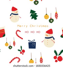 Christmas seamless pattern with cute snowman, Christmas tree, candy cane, gift, Christmas decoration and merry Christmas and HO HO HO text. Cute illustration for the winter holiday.
