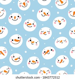 Christmas Seamless Pattern with Cute Snowman Heads. Winter Holiday Vector Background with Cartoon Funny Doodle Snowman Faces. Winter Holidays, Christmas, New Year Design