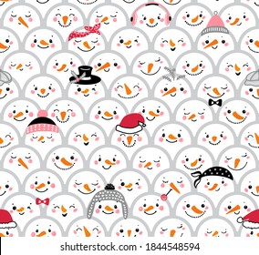 Christmas Seamless Pattern with Cute Snowman Heads. Crowd of Snowmen. Winter Holiday Vector Background with Cartoon Funny Doodle Snowman Faces. Winter Holidays, Christmas, New Year Design