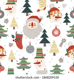 Christmas seamless pattern with cute Snowman, Santa Claus characters and decorative stockings, fir trees with sprinkles of magic. Good for kids' clothes.
