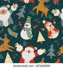 Christmas seamless pattern with cute Snowman, Santa Claus characters and decorative stockings, fir trees with sprinkles of magic. Good for kids' clothes.