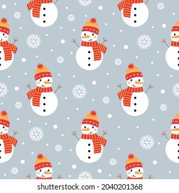 Christmas seamless pattern with cute snowman and snowflakes. Modern vector cartoon illustration. Cozy winter design for fabric, wrapping paper, scrapbooking, textile