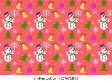 Christmas seamless pattern with cute snowman with red nose, snowflakes, copper bell with red ribbon, xmas tree and pink color decorative balls on fiery rose color background.
