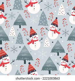 Christmas seamless pattern with cute snowman and christmas tree winter