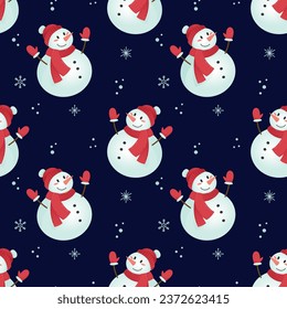 Christmas seamless pattern with cute snowman in winter outfit and snowflakes on dark blue background. Perfect for textile, wallpaper or print design