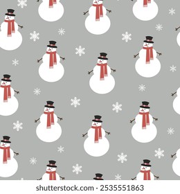 Christmas seamless pattern with cute snowman and snowflakes on a gray background. Vector design template. Happy New Year pattern. Season greeting.