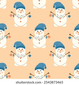 Navidades sin patrón con un muñeco de nieve lindo en un sombrero, bufanda y con decoraciones de Navidad. Fondo de invierno de Vector. Perfecto para textiles, Fondo de pantalla o diseño de vacaciones.