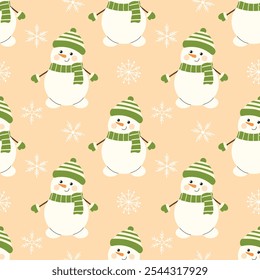 Christmas seamless pattern with a cute snowman in a hat, scarf and with snowflakes. Vector winter background. Perfect for textiles, wallpaper or holiday design.