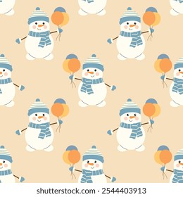 Christmas seamless pattern with a cute snowman in a hat, scarf and with balls. Vector winter background. Perfect for textiles, wallpaper or holiday design.