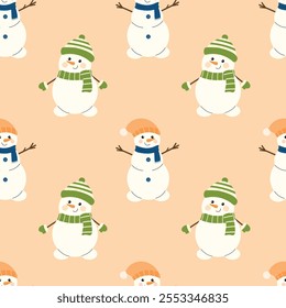 Christmas seamless pattern with a cute snowman in a hat and scarf. Vector winter background. Perfect for textiles, wallpaper or holiday design.