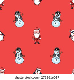 Navidades sin patrón con un lindo muñeco de nieve y Santa Claus en la ropa. Carácter animal para paquete de vacaciones y envoltura.
