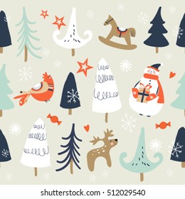 Christmas seamless pattern with cute snowman, trees, branches,  snowflakes and Christmas toys, deer, bird, horse, candy and hearts and stars 