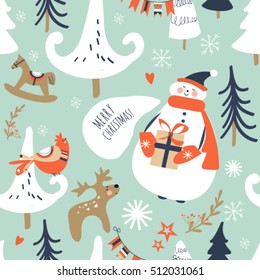 Christmas seamless pattern with cute snowman, trees, branches, mittens, snowflakes and Christmas toys, deer, bird, horse, candy and hearts and stars