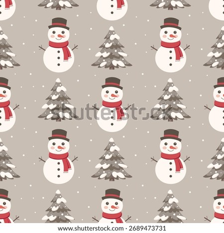 Christmas Seamless pattern with a cute snowman and Christmas tree. Winter holiday background.