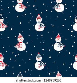 Christmas seamless pattern with cute snowmen for gift wrap, textile, wallpapers and scrapbook. Happy New Year 2019. Doodles, sketch for your design. Vector.