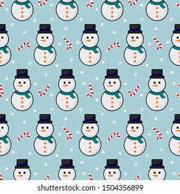 christmas seamless pattern. cute snowmen and candy isolated on blue background. vector Illustration.