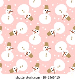 
Christmas seamless pattern. Cute snowmen on a pink background, snowflakes. Merry Christmas and Happy New Year. Stylish pattern for packaging, fabrics and backgrounds.