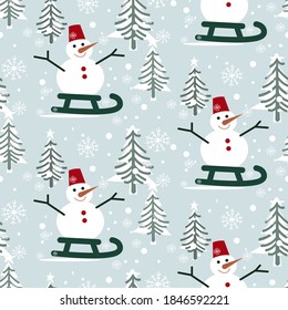 
Christmas seamless pattern. Cute snowmen on a blue background, Christmas trees, snowflakes. Merry Christmas and Happy New Year. Stylish pattern for packaging, fabrics and backgrounds.