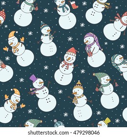 Christmas seamless pattern with cute snowmen and falling snow. Vector background great for fabric and textile, wallpapers, web page backgrounds, cards and banners design