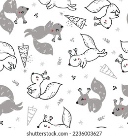 Christmas seamless pattern with cute squirreils. Vector illustration for wrapping paper and scrapbooking