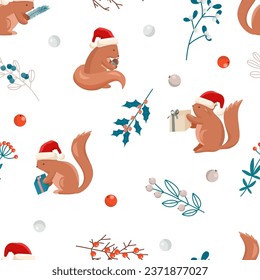 Christmas seamless pattern of cute squirrels in a Santa hats and winter plants, hand drawn vector illustrations