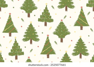 Christmas seamless pattern. Cute christmas tree hand drawn. Celebrate festival. Design for background, vector illustration, fabric, clothing, carpet, textile, gift, paper, greeting cards.