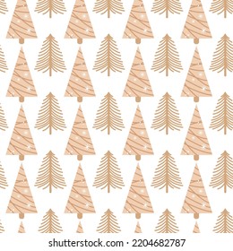 Christmas seamless pattern with cute Christmas trees decorated with garlands and snowflakes, in a cartoon, linear style. New Year, Christmas, winter simple, vector illustration on a craft background. 